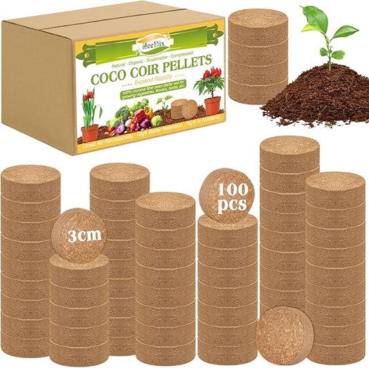 ZeeDix 100 Pcs (30mm) Compressed Coco Coir Fiber Potting Soil- Coir Medium, Coconut Soil for Indoors or Outdoors, Bonsai, Herbs, Plants, Flowers and Vegetables