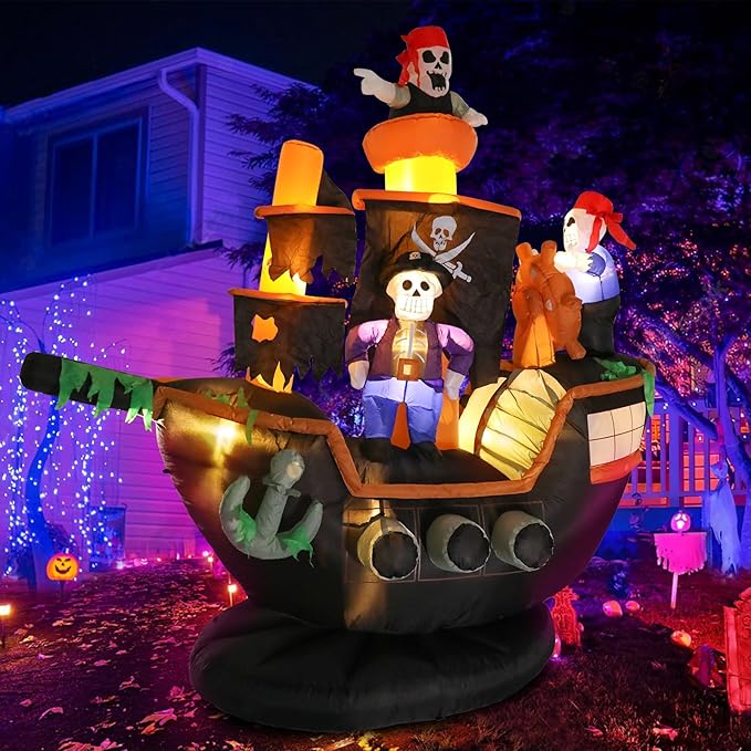 VCUTEKA 7FT Halloween Inflatable Skeletons Ghosts on Pirate Ship Outdoor Decoration, Blow Up Decor with LED Lights for Holiday Party Yard Lawn Inflatables Home Family Outside