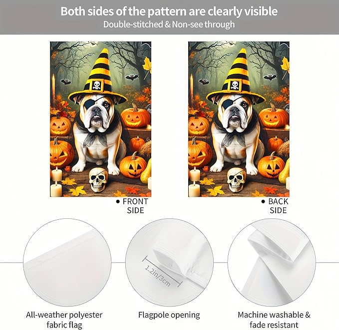 Happy Halloween Garden Flag 12x18 Double Sided Bulldog Dog Pumpkin Garden Flag Skull Bats Bulldog with Fall Autumn Witch Hat Decorative Banner Outdoor Flag Décor