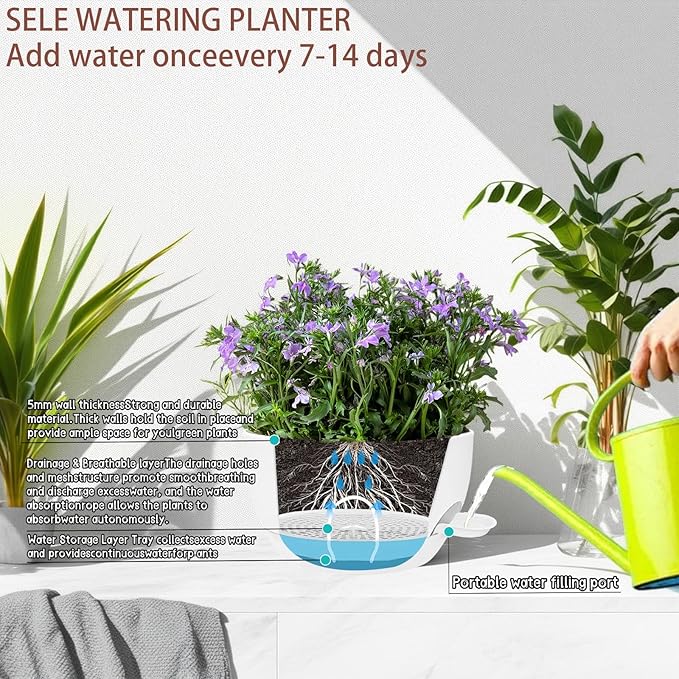 2 Pack 12 Inch Large Hanging Planters with Chains Self Watering White Plastic Hanging Pots for Indoor Outdoor Plants, Garden Porch Home Decor,White