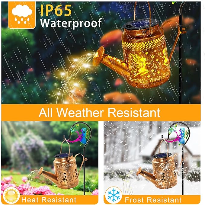Solar Lanterns Outdoor Waterproof,Metal Watering Can Garden Decor,Fairy Hanging Solar Path Lights Yard Art,Outside Patio Decorations Gardening Birthday Gifts for Mom Grandma Women(with Shepherd Hook)