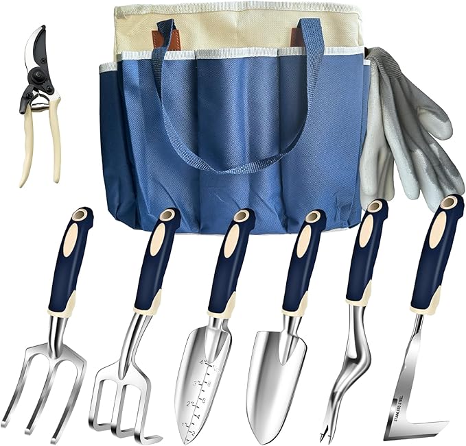 Garden Tool Set, 9-Piece Heavy-Duty Gardening Tool Set with Stylish Tool Bag, Multiple Storage Pockets, Durable Garden and Weeding Tools for Men and Women for Gardening Enthusiasts