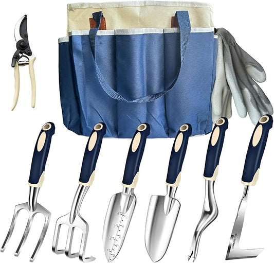 Garden Tool Set, 9-Piece Heavy-Duty Gardening Tool Set with Stylish Tool Bag, Multiple Storage Pockets, Durable Garden and Weeding Tools for Men and Women for Gardening Enthusiasts