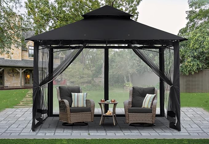 MASTERCANOPY Outdoor Garden Gazebo for Patios with Stable Steel Frame and Netting Walls (9x9,Black)