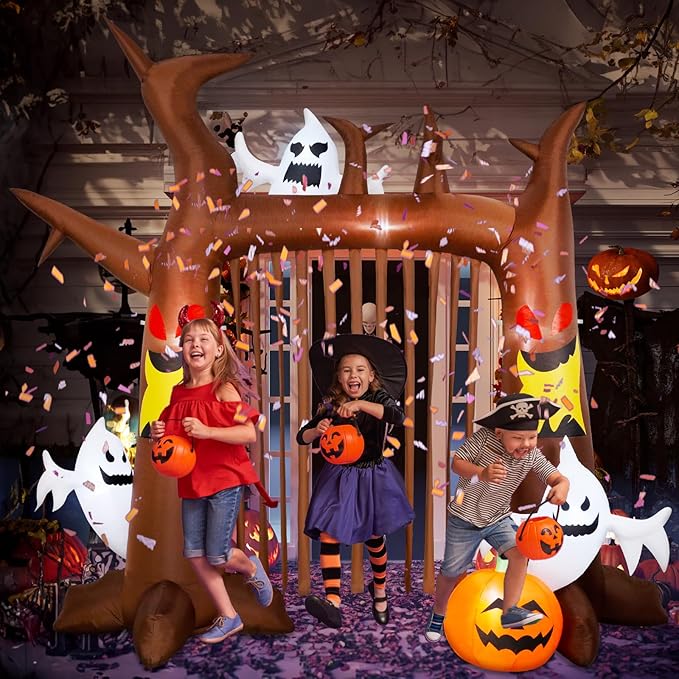 9FT Halloween Inflatable Dead Tree Archway, Halloween Blow Up Yard Decorations with Pumpkin & Ghost, Build-in LED Lights, Halloween Inflatable Arch for Halloween Party Outdoor Garden Lawn