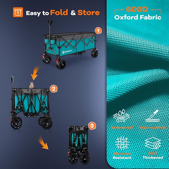 48" L Collapsible Wagon Cart Foldable, 560lbs Weight Capacity 300L Heavy Duty Folding Beach Wagons with Big All-Terrain Wheels, Utility Carts for Groceries, Shopping, Camping, Sports - Grey&Turquoise