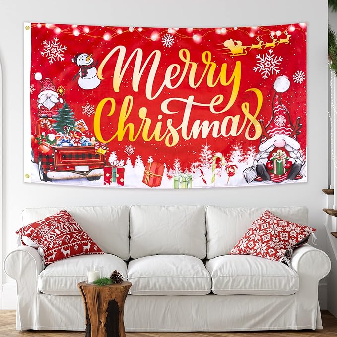 XIFAN Christmas Flag Double Sided 3x5 ft Outdoor, Large Merry Christmas Banner with Red Gnome Buffalo Plaid Truck Xmas Tree Snowman, Winter Holiday Gift Wall Decor Decoration