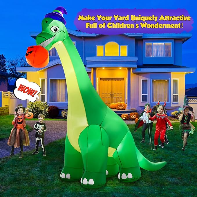 13Ft Giant Halloween Dinosaur Inflatable Decorations, Bite Large Pumpkin with Witch Hat Build-in LED Light Strong Blower Huge Blow Up Yard Clearance Decor for Outdoor Indoor Holiday Party Yard