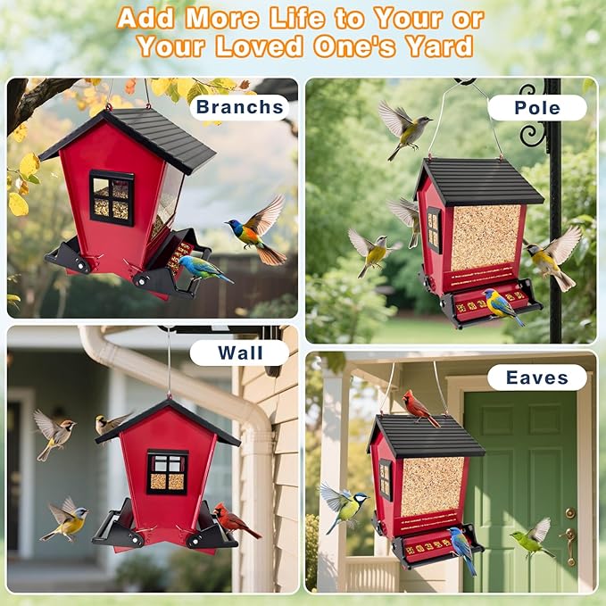 Squirrel Proof Bird Feeders for Outdoors Hanging, 5LB Capacity Metal Wild Birdfeeders Outside Hanging, Cardinal Bird Feeder Squirrel Proof as Various Finch Feeders for Outside(red)