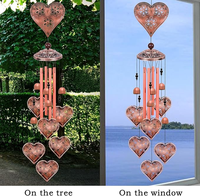 Heart Shape Wind Chimes for Garden, Gifts for Mom, Home, Balconies, Rooms, Patio, Indoor, Outdoor Heart Decoration, Hearts Shape Wind Catcher, Red Copper Memorial Wind Bells, Hearts Wind Chimes Decor