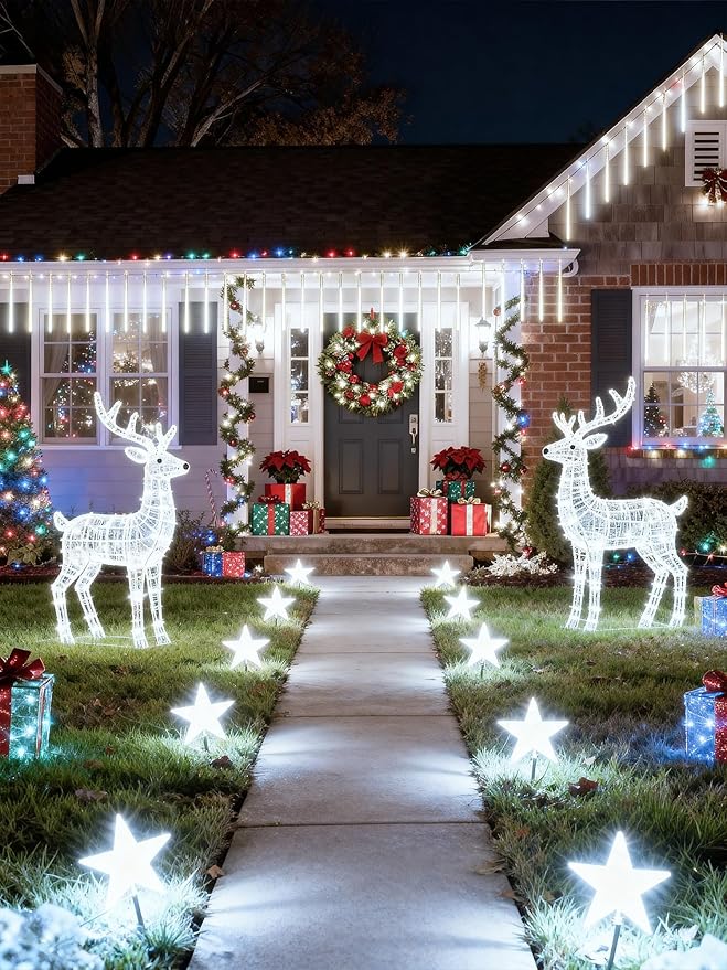 Flacchi Meteor Shower Icicle Lights - 5 Tubes 20" Each 270 LED Cascading Raindrop Lights, Timer Outdoor Waterproof Christmas Decorations for Holiday Party(Cool White)