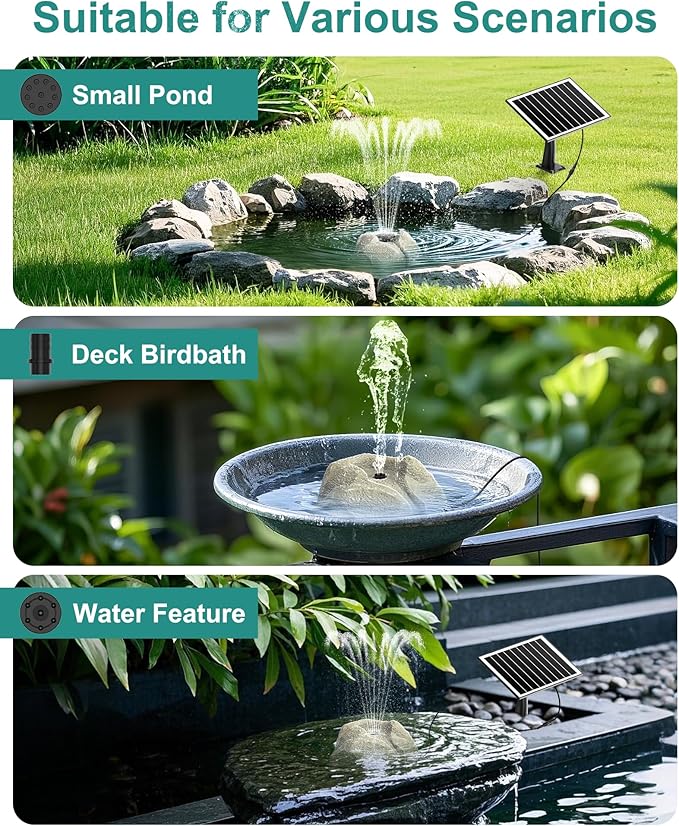Solar Fountain for Bird Bath with Dry Run Protection Solar Powered Bird Bath Pump with 10 Nozzles,Resin Granite Rock Bird Fountain for Outdoor Water Features,Ponds,Can Cloudy Day Use(White)