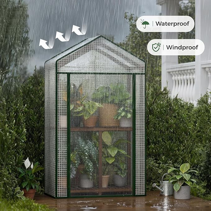 Bamworld Mini Greenhouse Indoor Outdoor 2-Tierd Reusable Portable Warm House with PE Cover Compact Garden and Backyards Portable Rack with Sturdy Eucalyptus Frame Winter-Proof for Plant Protection