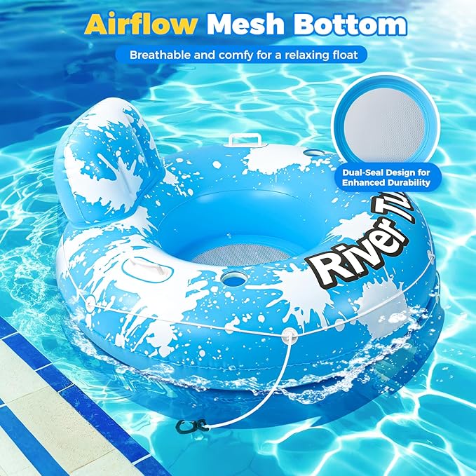 2025 New & Upgraded River Tubes for Floating Heavy Duty, Inflatable Float for Beach Lake Rafting, Fool Floats with Mesh Bottom, Cup Holder, Backrest