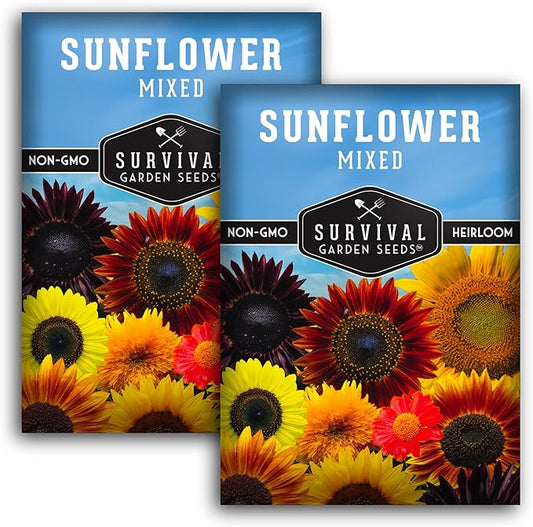 Survival Garden Seeds - Mix of Popular Sunflower Seeds for Planting - 2 Packs with Instructions to Grow Beautiful Flowers in Your Home Vegetable or Flower Garden - Non-GMO Heirloom Varieties