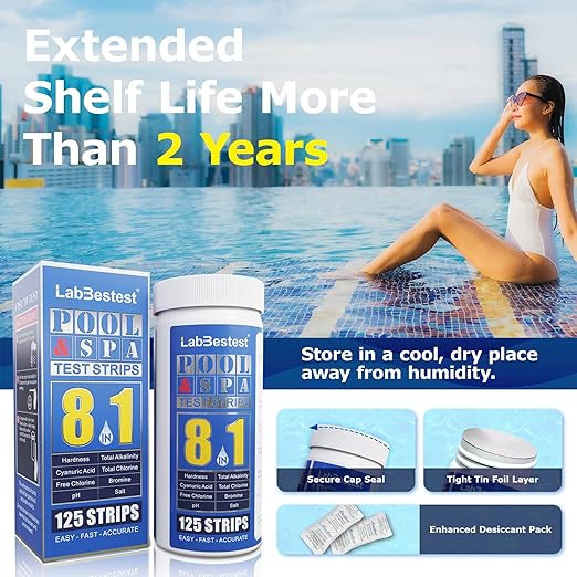 Pool Salt Test Strips - Salt Water Pool Testing Kit - 125 Swimming Pool Spa Hot Tub Test Strips - Rapid Accurate Easy to Test Hardness, Bromine, pH, Salt and More (8-Way)