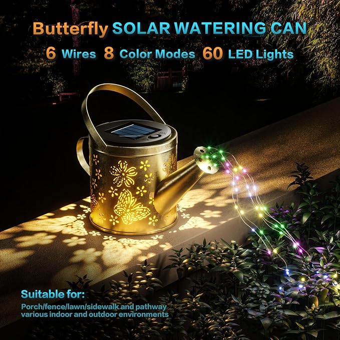 Solar Watering Can with Colorful Lighting, Waterproof Garden Decor, Birthday Gifts for Mom Grandma (Butterfly, 32 inch Shepherd Hook)
