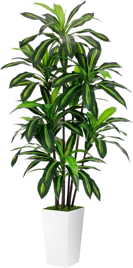 Artificial Dracaena Plant 6FT - Fake Tree with White Tall Planter - Faux Yucca Tall Fake Floor Plant in Pot - Artificial Trees for Home Office Living Room Decor Indoor