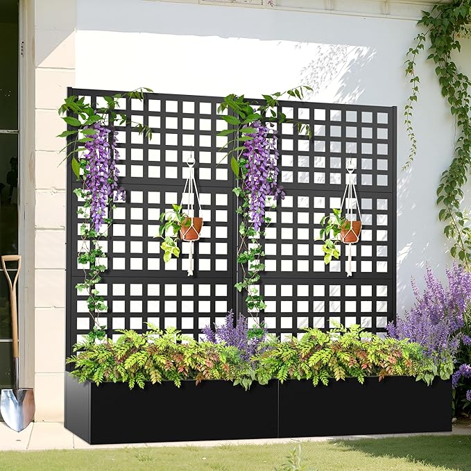 Metal Planter Box with Trellis, Heavy-Duty Raised Garden Bed for Climbing Plants, Drainage Hole, Outdoor Planter Box with Privacy Screen,35''L×16''W×71''H