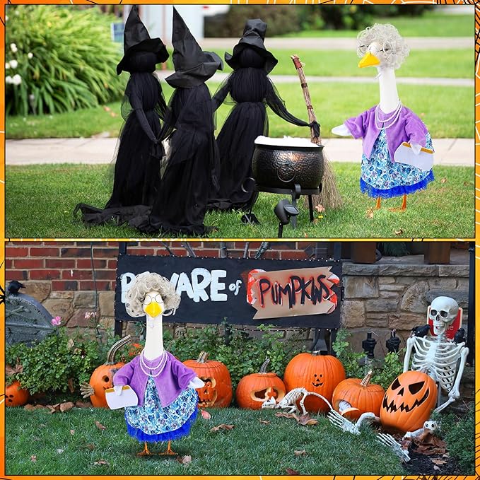 Abbylike Halloween Porch Goose Outfits Old Lady Goose Clothes with Sunglasses Pearl Necklace and Silver Wig for 23" Geese Halloween Outdoor Patio Yard Lawn Decoration