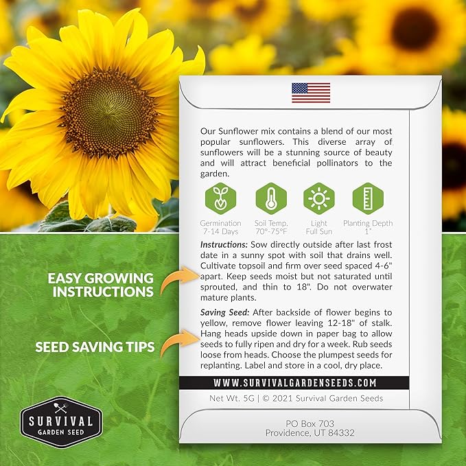 Survival Garden Seeds - Mix of Popular Sunflower Seeds for Planting - 5 Packs with Instructions to Grow Beautiful Flowers in Your Home Vegetable or Flower Garden - Non-GMO Heirloom Varieties