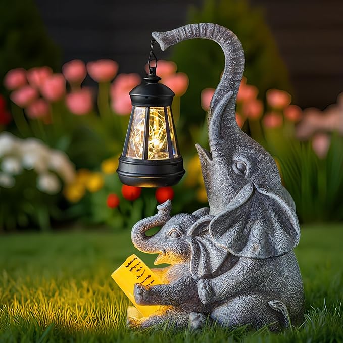 C&Y&G&X Solar Outdoor Garden Decor Elephant Statues Lights, Elephants Family Son Birthday Gifts for Mom, Housewarming Gifts and Yard Decoration