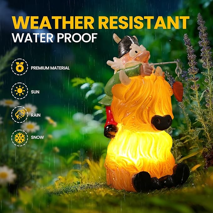 Garden Statue–Grome&Highland Cow Outdoor Decor Solar Light for Yard, Patio or Balcony–Eco-Friendly Resin Figurine Gift for Parents, Friends, Coworkers–Christmas, White Elephant, Thanksgiving, Birthday