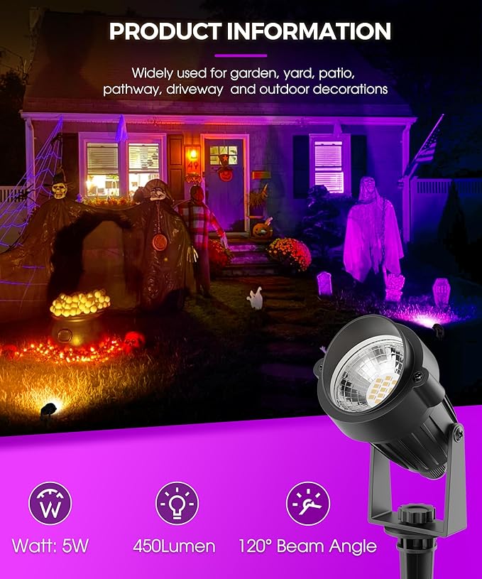 L LOHAS LED Halloween Spotlight Outdoor, Purple Spot Lights for Yard, Auto On/Off 5W 120V Landscape Lighting for House, Holiday, Trees, Decoration, 450LM IP66 Waterproof, UL Listed, 2 Pack