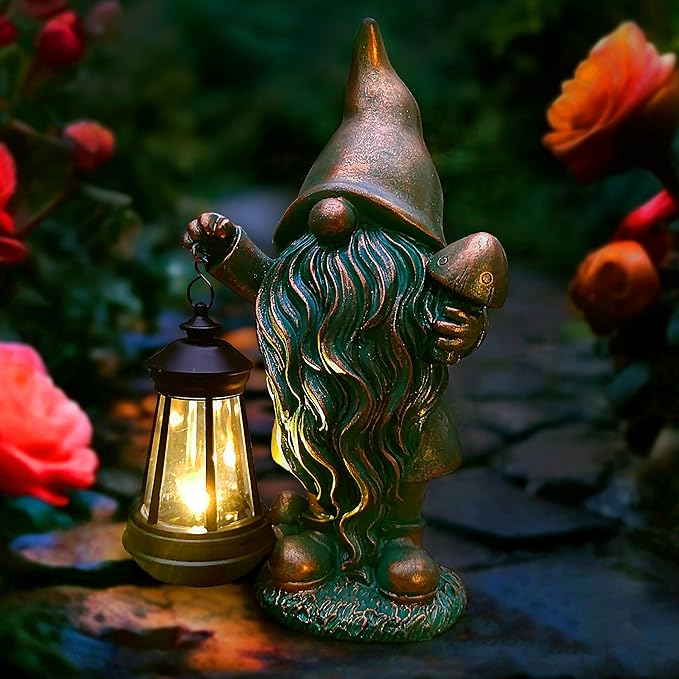 Gnomes Garden Statue Outdoor Décor with Solar Lights Lantern,Gnome Solar Light Figurines Outside Decorations for Yard,Lawn Patio, Balcony, Unique Housewarming Gifts