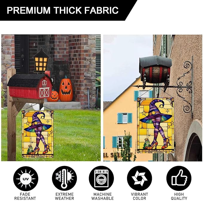 Get Wicked Garden Flag Witch Hat Holiday Garden Flag The Frog Prince Stained Glass Style Vertical Double Sided Rustic Farmland Burlap Yard Lawn Outdoor Decor 12.5x18"