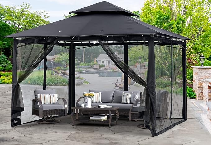 MASTERCANOPY Outdoor Garden Gazebo for Patios with Stable Steel Frame and Netting Walls (11x11,Black)