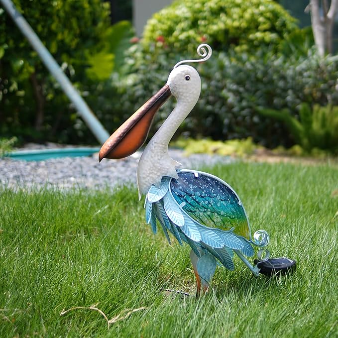HONGLAND Solar Metal Pelican Statues Garden Sculpture & Statues, 19 Inch Glass Outdoor Pelican Yard Art Coastal Ocean Bird Decor Lawn Ornament for Backyard Porch Patio Decor(Blue-Green)