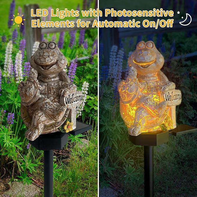 QH & Garden 2-Pack Squirrel and Turtle Garden Statues Decor,LED Waterproof Animals Lights for Garden, Balcony, Yard, Lawn, Pathway, Walkway - Garden Solar Powered Outdoor Decor