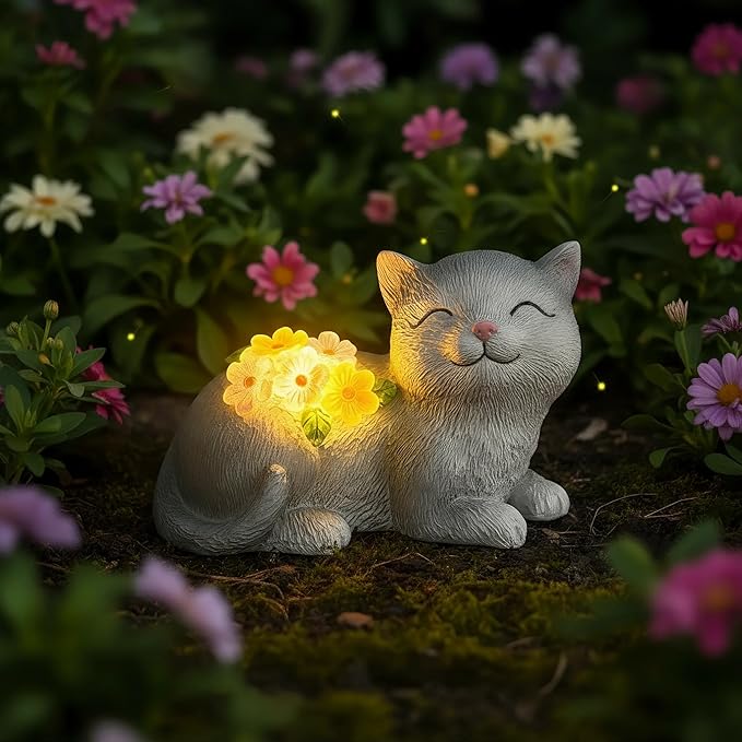 Garden Decor Solar Cat Statue with Warm Glow - Unique Birthday, Christmas & House Warming Gifts for Women, Mom, Cat Lovers - Outdoor Yard Art for Lawn, Patio, Backyard & Balcony Decor