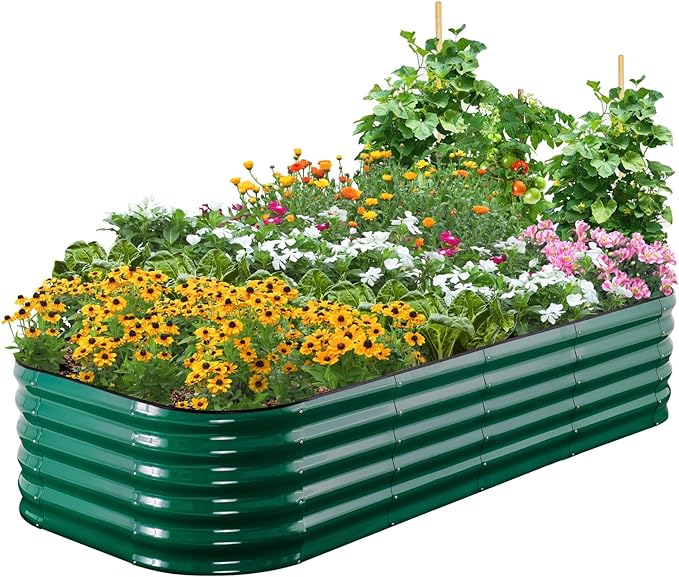 Quictent Galvanized Raised Garden Bed Kit, 6x3x1.5 ft Oval Metal Planter Box Tall for Vegetables Outdoor Backyard, Rubber Strip Edging Included, Dark Green