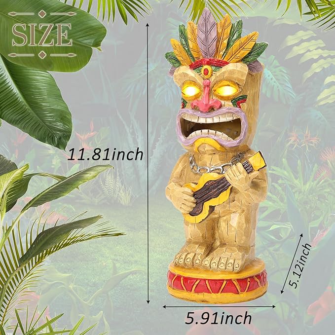 Solar Tiki Garden Statue with LED Eyes Outdoor Resin Ukulele Player Yard Decor Solar Light Hawaiian Style Lawn Ornament for Patio Porch Lawn Tiki Bar or Tiki Lover Funny Gifts