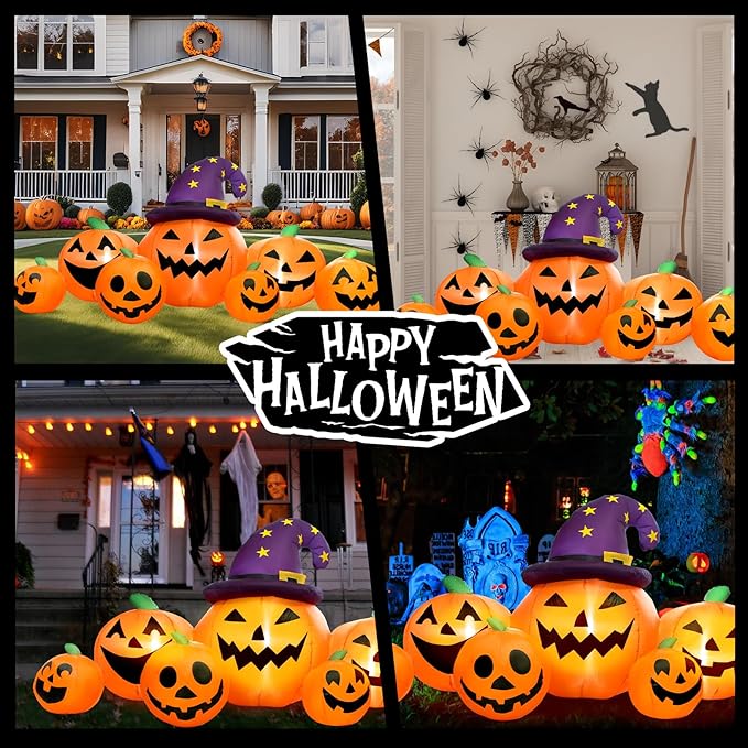 8FT Long Halloween Inflatables Pumpkin Outdoor Decorations, Halloween Blow Ups Inflatable Pumpkin for Yard, Garden, Lawn with Witch Hat and 7 LED Lights