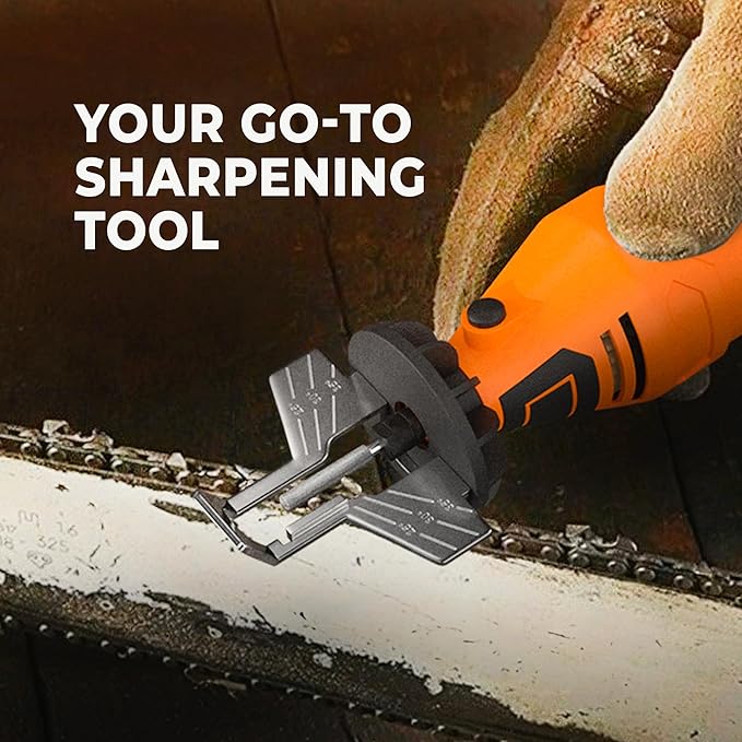 Sharp Pebble Electric Chainsaw Sharpener Kit - Comes with Chain Saw Sharpener Tool, 4 File Size Sharpening Wheel Bits, Angle Attachment, Wrench & eBook