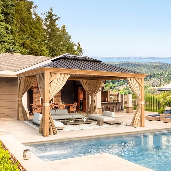 YOLENY 10' x 12' Hardtop Gazebo, Wood-Looking Gazebo with Galvanized Steel Double Roof, Aluminum Frame, Permanent Metal Pavilion with Netting and Curtains for Deck, Backyard, Patio and Lawns