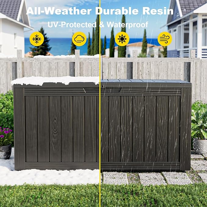 Outdoor Storage Box with Wheels – 85 Gallon Mobile Waterproof Resin Deck Box, Lockable Storage for Patio Cushions, Garden Tools, Pool Accessories – UV-Resistant Storage Bench for Backyard & Deck