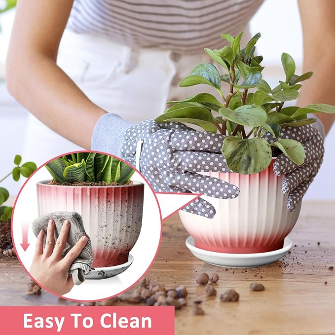 6.7 + 5.5 Inch Plant Pot, Ceramic Planter with Drainage and Saucer, Ceramic Pots for Plants, Indoor Plant pots,Ceramic Flower pots(Pink + White, Plants NOT Included)