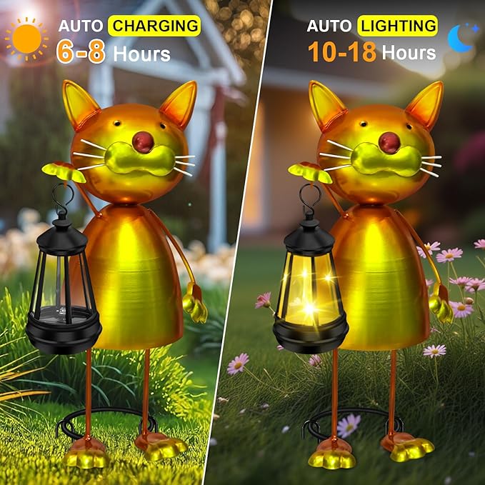 Solar Garden Decor Cat Statue with Solar Lights,13.78in Tall Metal Cat Figurines Decor,Birthday Gifts for Women Mom Grandma,Decorative Stakes for Yard Art Lawn Porch Patio Outside Decorations