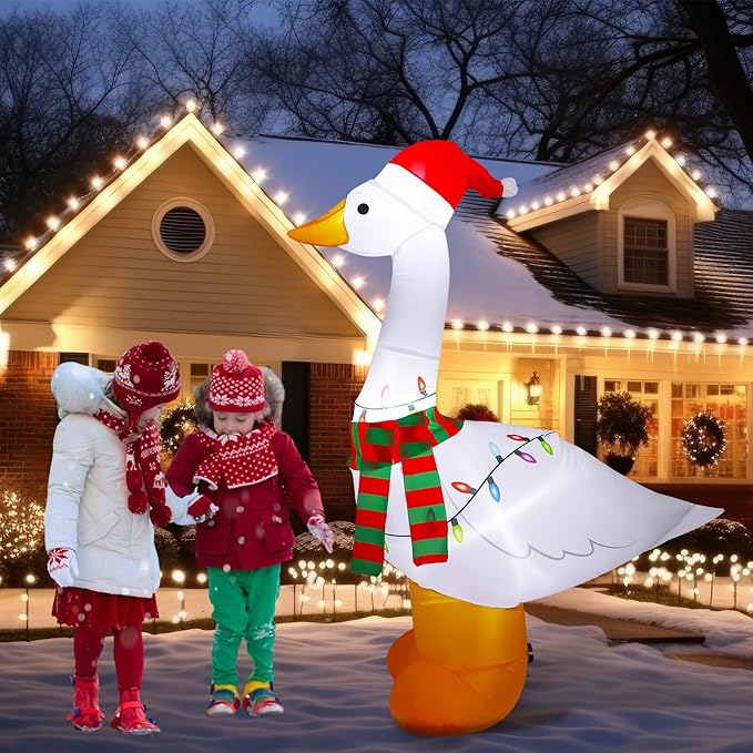 6Ft Christmas Goose Inflatable with Built in LED Lights Goose Xmas Blow-Up Lawn Decoration for Winter Home Garden Yard Holiday Party Indoor Outdoor Decor