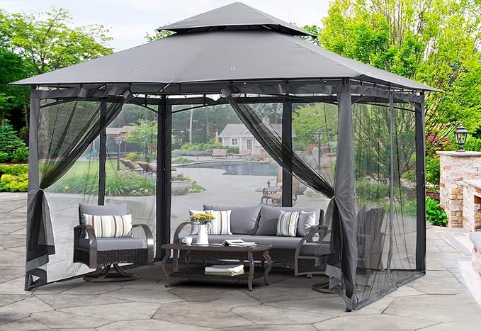 MASTERCANOPY Outdoor Garden Gazebo for Patios with Stable Steel Frame and Netting Walls (11x11,Dark Gray)