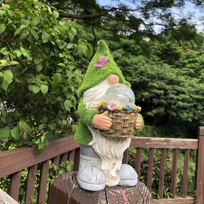 Garden Gnomes Statues, Outdoor Gnome Decorations for Yard Patio Lawn Porch, Home Decor Sculpture Figurine Holding Flower Basket Solar Lights, Cute Ornaments Ideal Gifts