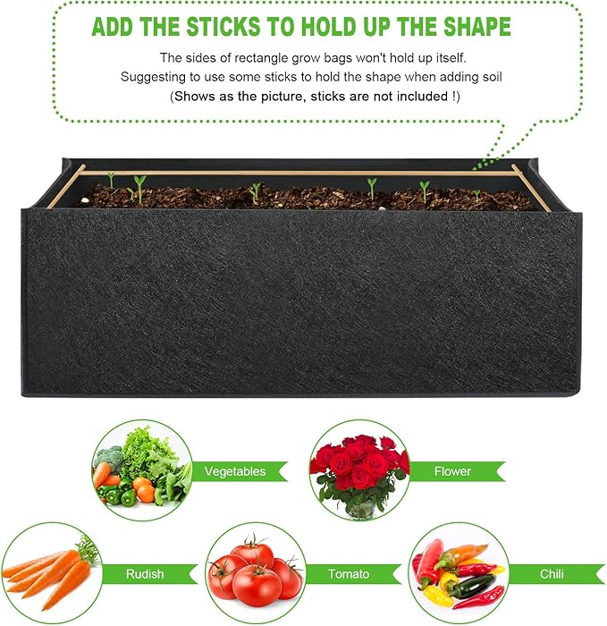 ANGELIOX 1 Pack 38 Gallon Grow Bags, 400g Thickened Nonwoven Fabric Raised Garden Bed Square Flower Planter Containers for Carrot Onion,Flowers,Fruit/Growing Pots with Handles(120x60x20cm)