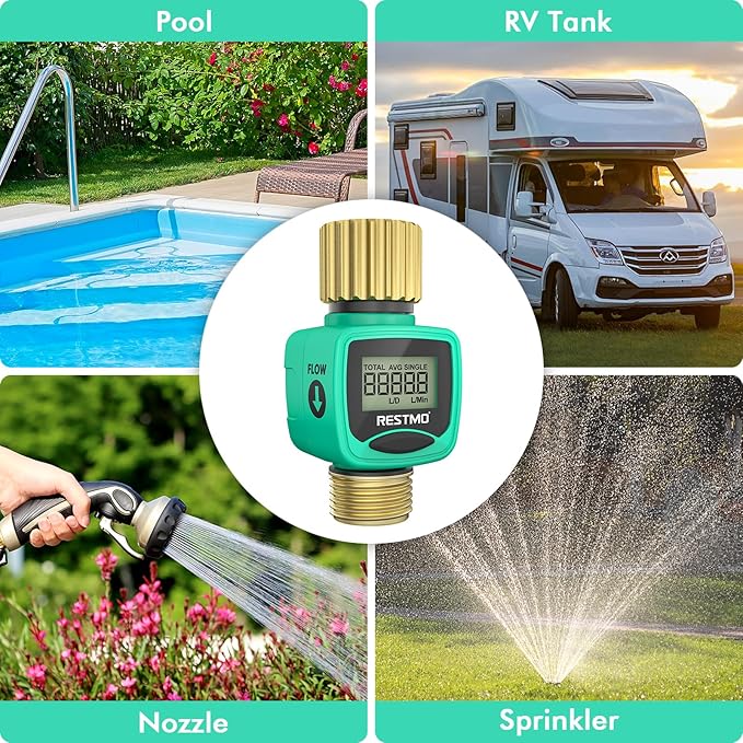 RESTMO Water Flow Meter with Brass Inlet & Outlet, Measure Gallon/Liter Consumption and Flow Rate for Outdoor Garden Hose Watering, RV Water Tank Filling, Lawn Sprinkler and Nozzle Sprayer