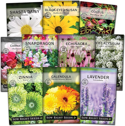 Sow Right Seeds - Large Flower Seed Collection - Coleus, Carnation, Daisy, Calendula, Alyssum, Echinacea, Lavender, Snapdragon & Zinnia - Non GMO Heirloom Seeds for Planting - 10 Packets