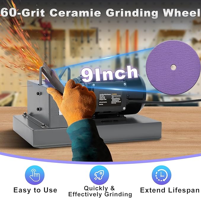 Lawn Mower Blade Sharpener, 1HP 750W Lawnmower Blade Grinder with 9-inch Ceramic Grinding Disc, 2 Sanding Paper & 40°Bracket for High/Low Lift Blades, Gator Blades, Flat Blades