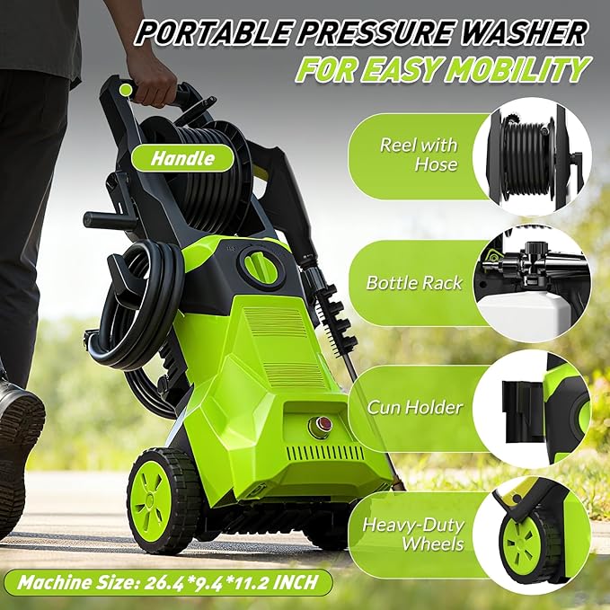 Pressure Washer, 5000PSI Power Washer with 4 Quick Connect Nozzles & Foam Cannon & 52 FT Hose Reel, Portable High Pressure Washer Cleaning Machine for Cars Fences Patios